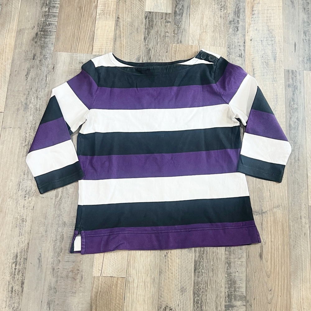 American Living Womens Purple Black White Striped Boatneck 3/4 Sleeve Top Large